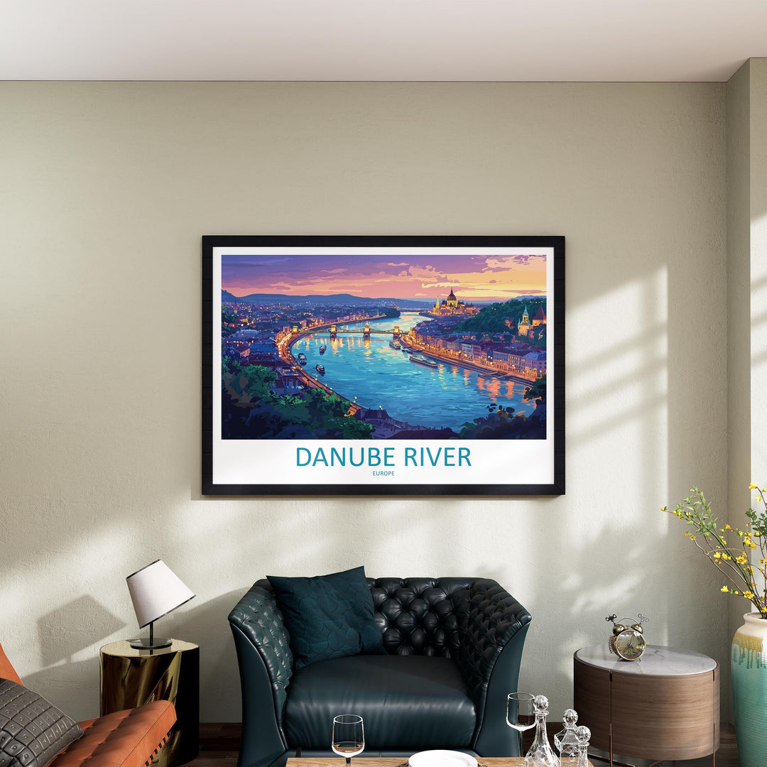 Danube River Landscape Travel Poster Scenic European Waterway Wall Art Iconic River Cities Print Europe Decor Danube River Artwork