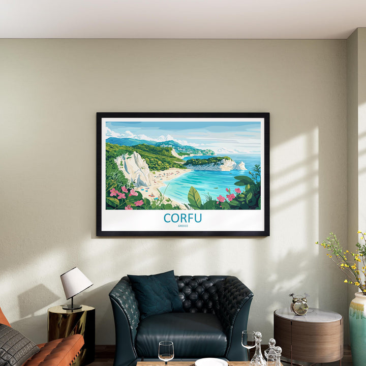 Corfu Greece Landscape Travel Poster Scenic Island Coastline Wall Art Mediterranean Architecture Print Europe Decor Beautiful Corfu Artwork