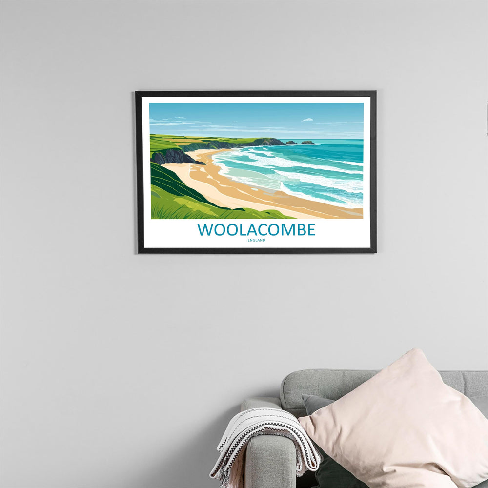 Woolacombe England Landscape Travel Poster Scenic Beach Coastline Wall Art Devon Seaside Print UK Decor Woolacombe Beach Artwork