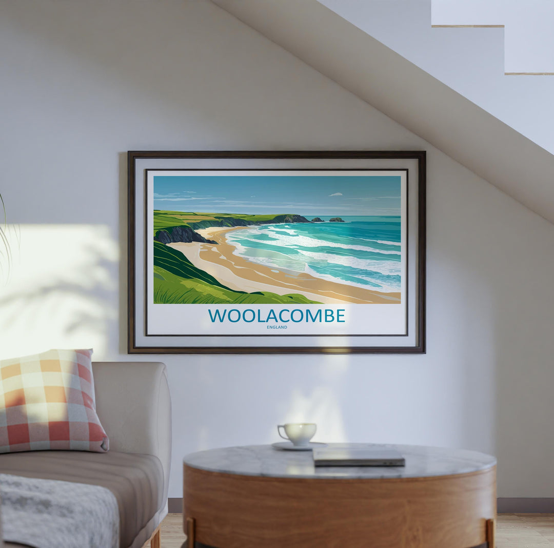 Woolacombe England Landscape Travel Poster Scenic Beach Coastline Wall Art Devon Seaside Print UK Decor Woolacombe Beach Artwork