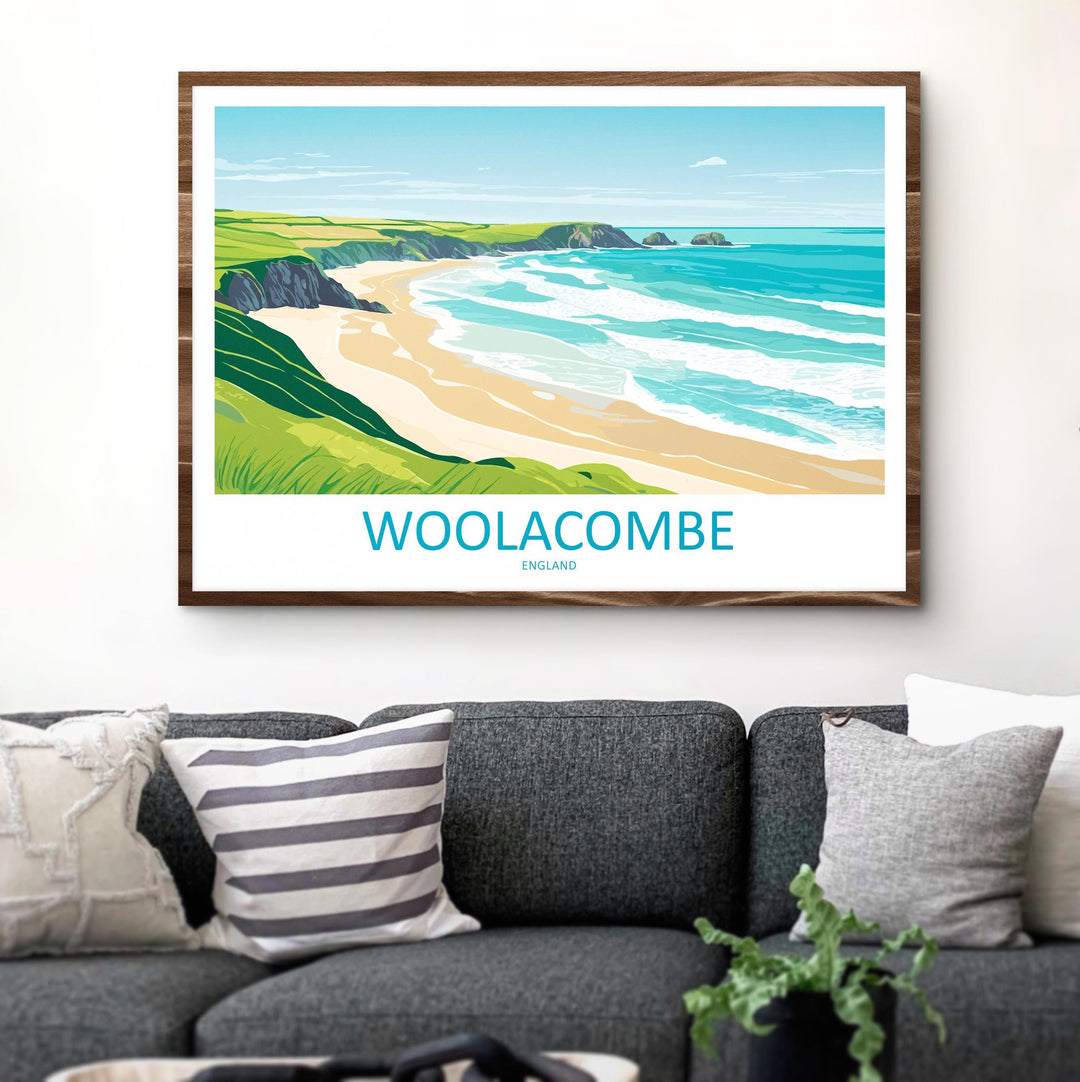 Woolacombe England Landscape Travel Poster Scenic Beach Coastline Wall Art Devon Seaside Print UK Decor Woolacombe Beach Artwork