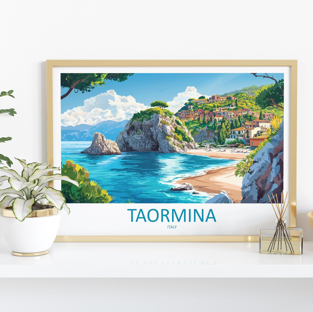 Taormina Italy Landscape Travel Poster Scenic Sicilian Coastline Wall Art Ancient Amphitheatre Print Europe Decor Taormina Artwork