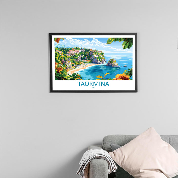 Taormina Italy Landscape Travel Poster Scenic Sicilian Coastline Wall Art Ancient Amphitheatre Print Europe Decor Taormina Artwork