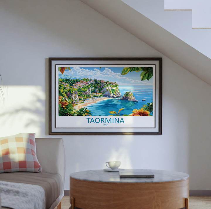Taormina Italy Landscape Travel Poster Scenic Sicilian Coastline Wall Art Ancient Amphitheatre Print Europe Decor Taormina Artwork