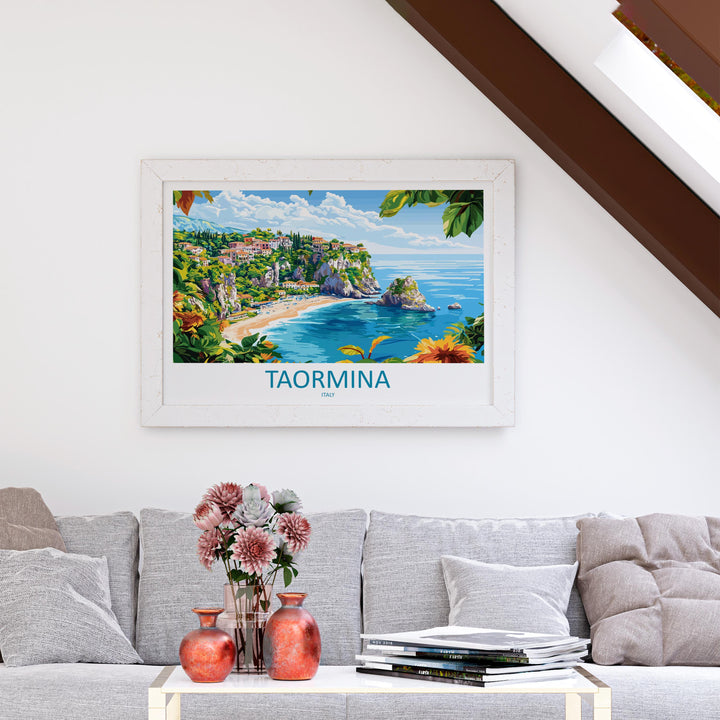 Taormina Italy Landscape Travel Poster Scenic Sicilian Coastline Wall Art Ancient Amphitheatre Print Europe Decor Taormina Artwork