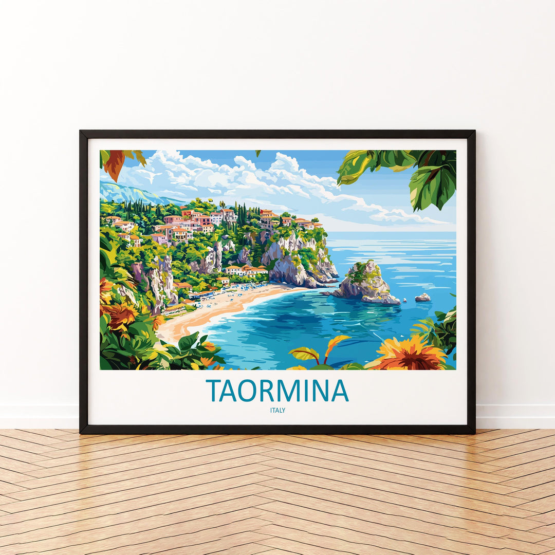 Taormina Italy Landscape Travel Poster Scenic Sicilian Coastline Wall Art Ancient Amphitheatre Print Europe Decor Taormina Artwork