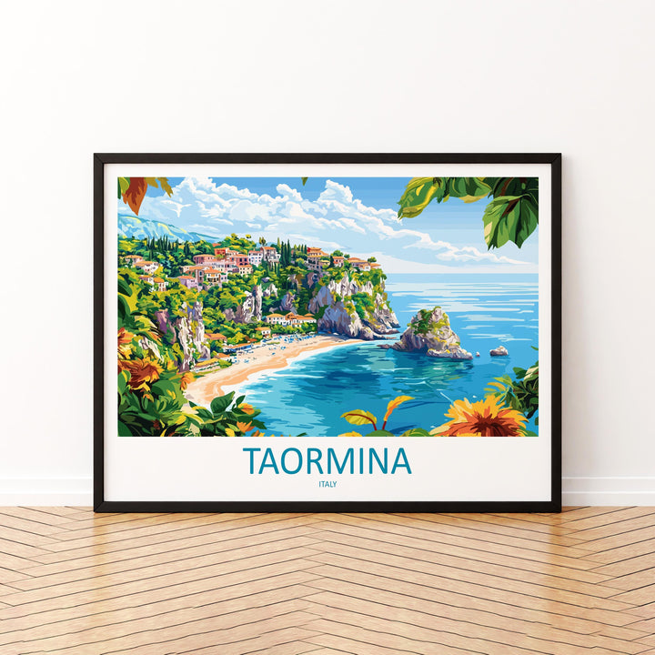 Taormina Italy Landscape Travel Poster Scenic Sicilian Coastline Wall Art Ancient Amphitheatre Print Europe Decor Taormina Artwork