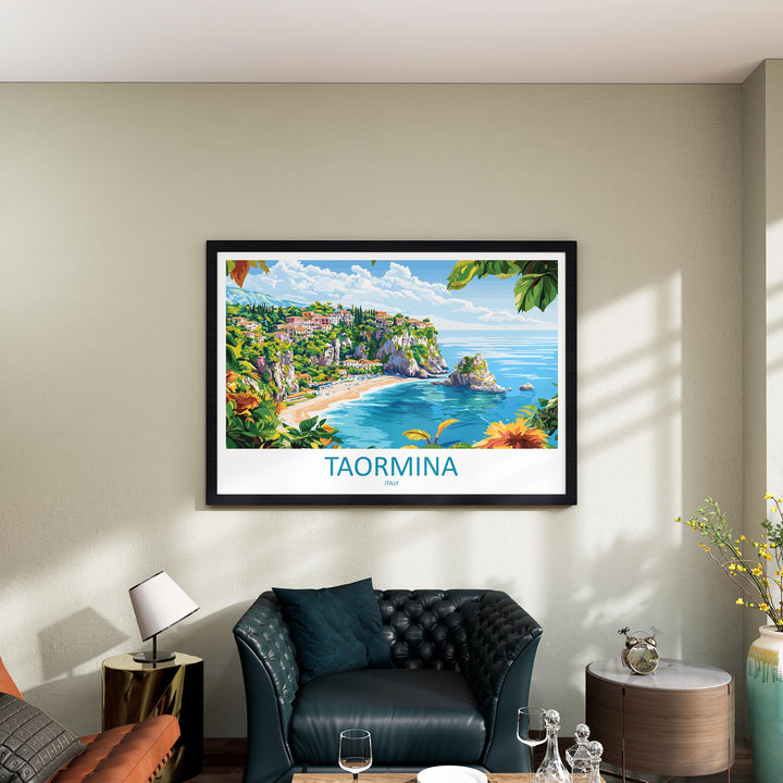 Taormina Italy Landscape Travel Poster Scenic Sicilian Coastline Wall Art Ancient Amphitheatre Print Europe Decor Taormina Artwork