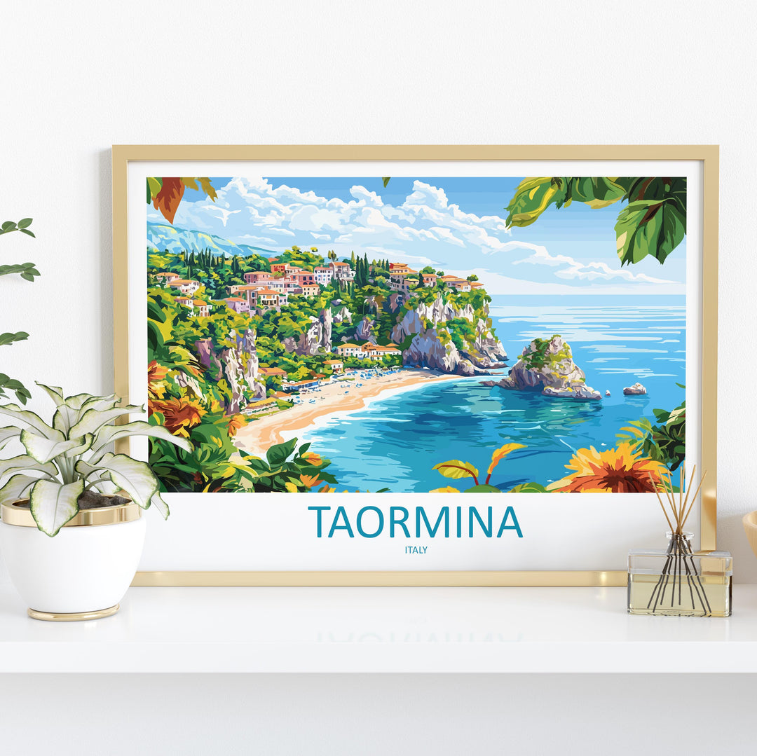 Taormina Italy Landscape Travel Poster Scenic Sicilian Coastline Wall Art Ancient Amphitheatre Print Europe Decor Taormina Artwork