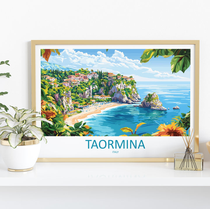 Taormina Italy Landscape Travel Poster Scenic Sicilian Coastline Wall Art Ancient Amphitheatre Print Europe Decor Taormina Artwork