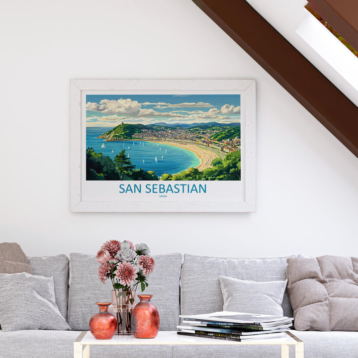 San Sebastian Spain Landscape Travel Poster Scenic Bay Coastline Wall Art Basque Beach Print Europe Decor La Concha San Sebastian Artwork