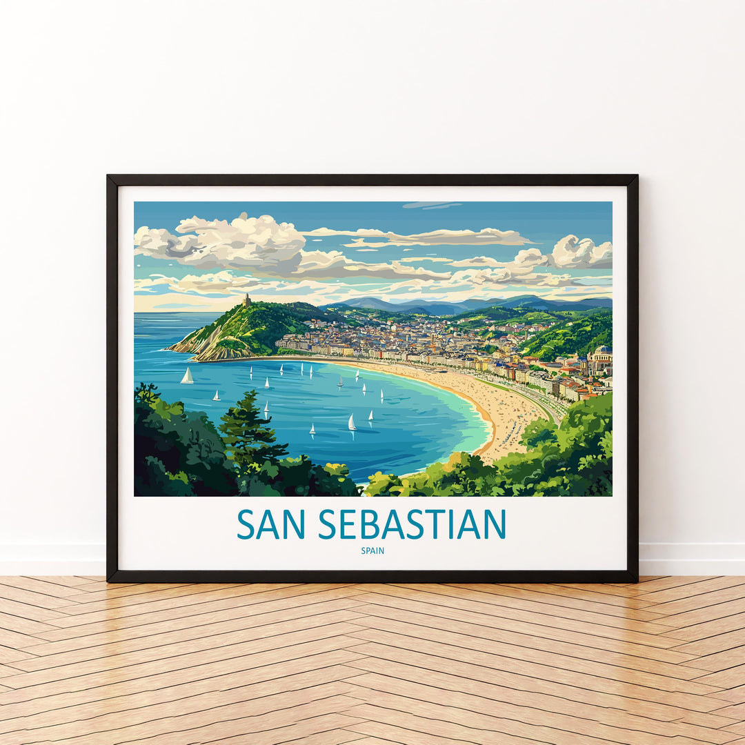 San Sebastian Spain Landscape Travel Poster Scenic Bay Coastline Wall Art Basque Beach Print Europe Decor La Concha San Sebastian Artwork