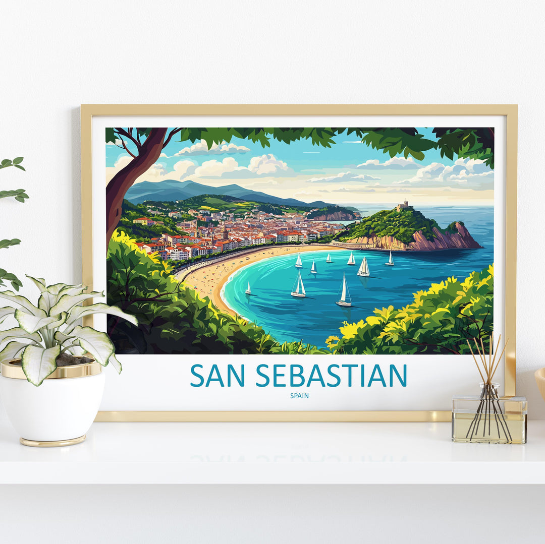 San Sebastian Spain Landscape Travel Poster Scenic Bay Coastline Wall Art Basque Beach Print Europe Decor La Concha San Sebastian Artwork
