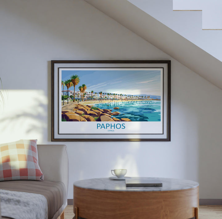 Paphos Cyprus Landscape Travel Poster Scenic Mediterranean Coastline Wall Art Ancient Ruins Print Europe Decor Beautiful Paphos Artwork
