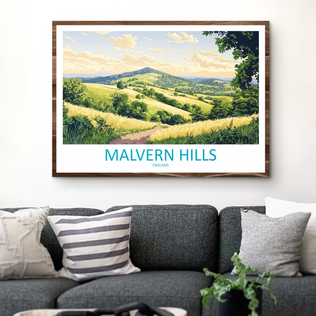 Malvern Hills England Landscape Travel Poster Scenic Countryside Wall Art Rolling Hills Print UK Nature Decor Malvern Hills Artwork