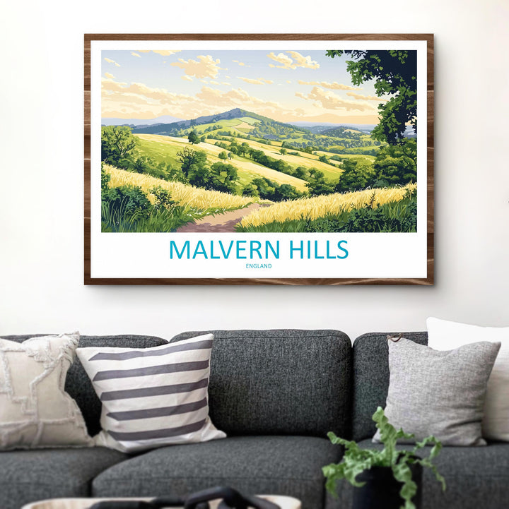 Malvern Hills England Landscape Travel Poster Scenic Countryside Wall Art Rolling Hills Print UK Nature Decor Malvern Hills Artwork