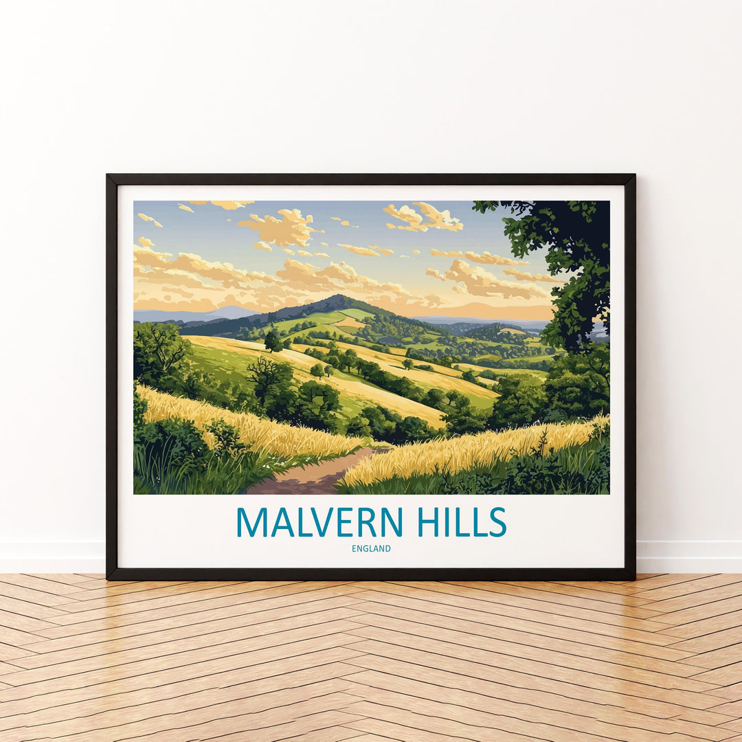 Malvern Hills England Landscape Travel Poster Scenic Countryside Wall Art Rolling Hills Print UK Nature Decor Malvern Hills Artwork