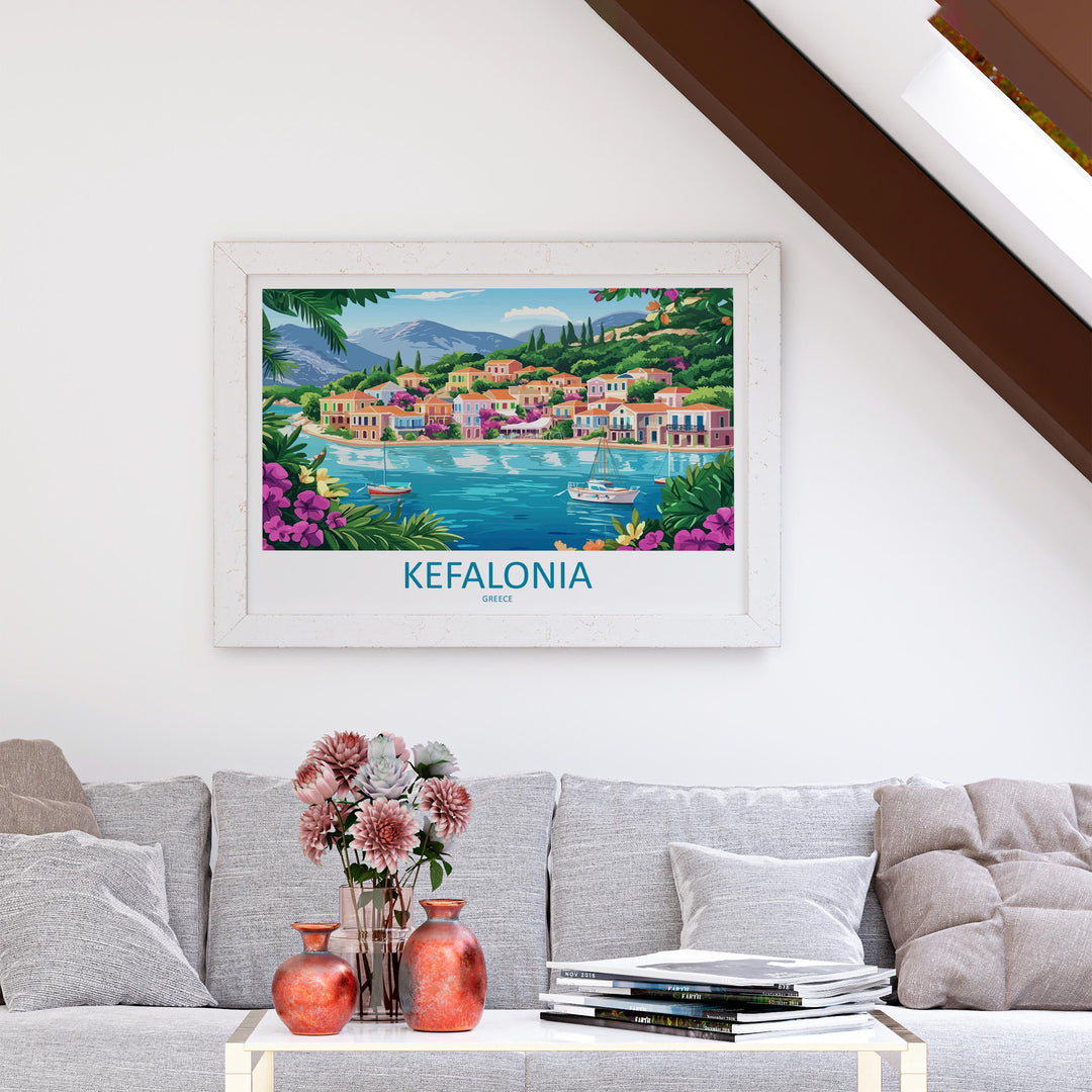Kefalonia Greece Landscape Travel Poster Scenic Island Coastline Wall Art Mediterranean Beaches Print Europe Decor Kefalonia Artwork