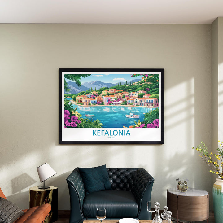 Kefalonia Greece Landscape Travel Poster Scenic Island Coastline Wall Art Mediterranean Beaches Print Europe Decor Kefalonia Artwork