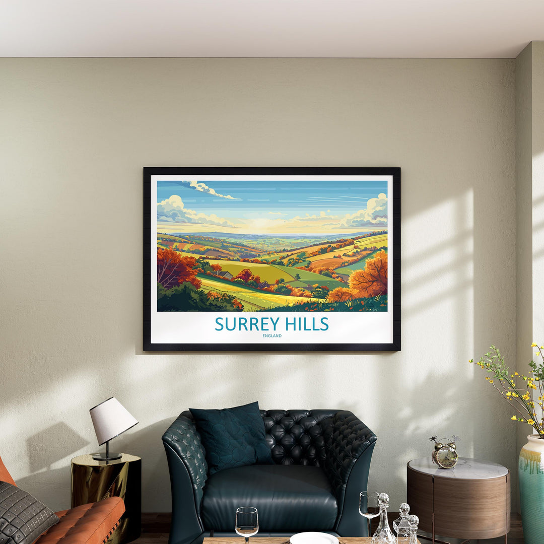 Surrey Hills England Landscape Travel Poster Scenic Countryside Wall Art Rolling Hills Print UK Nature Decor Beautiful Surrey Hills Artwork