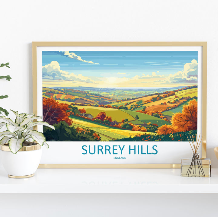 Surrey Hills England Landscape Travel Poster Scenic Countryside Wall Art Rolling Hills Print UK Nature Decor Beautiful Surrey Hills Artwork