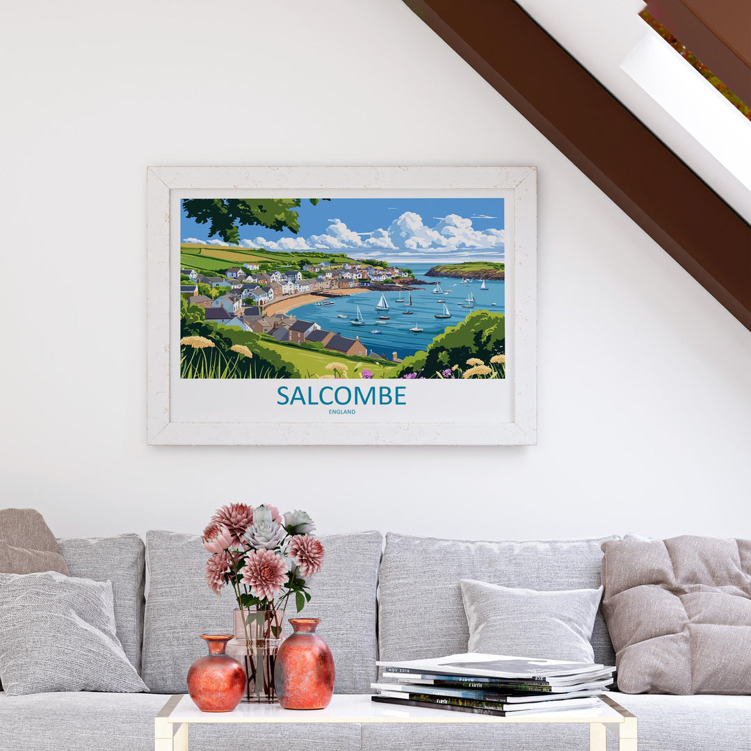 Salcombe England Landscape Travel Poster Scenic Harbour Coastline Wall Art Devon Seaside Print UK Decor Beautiful Salcombe Artwork