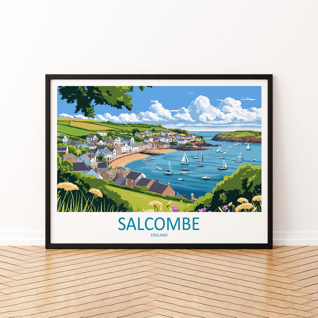 Salcombe England Landscape Travel Poster Scenic Harbour Coastline Wall Art Devon Seaside Print UK Decor Beautiful Salcombe Artwork