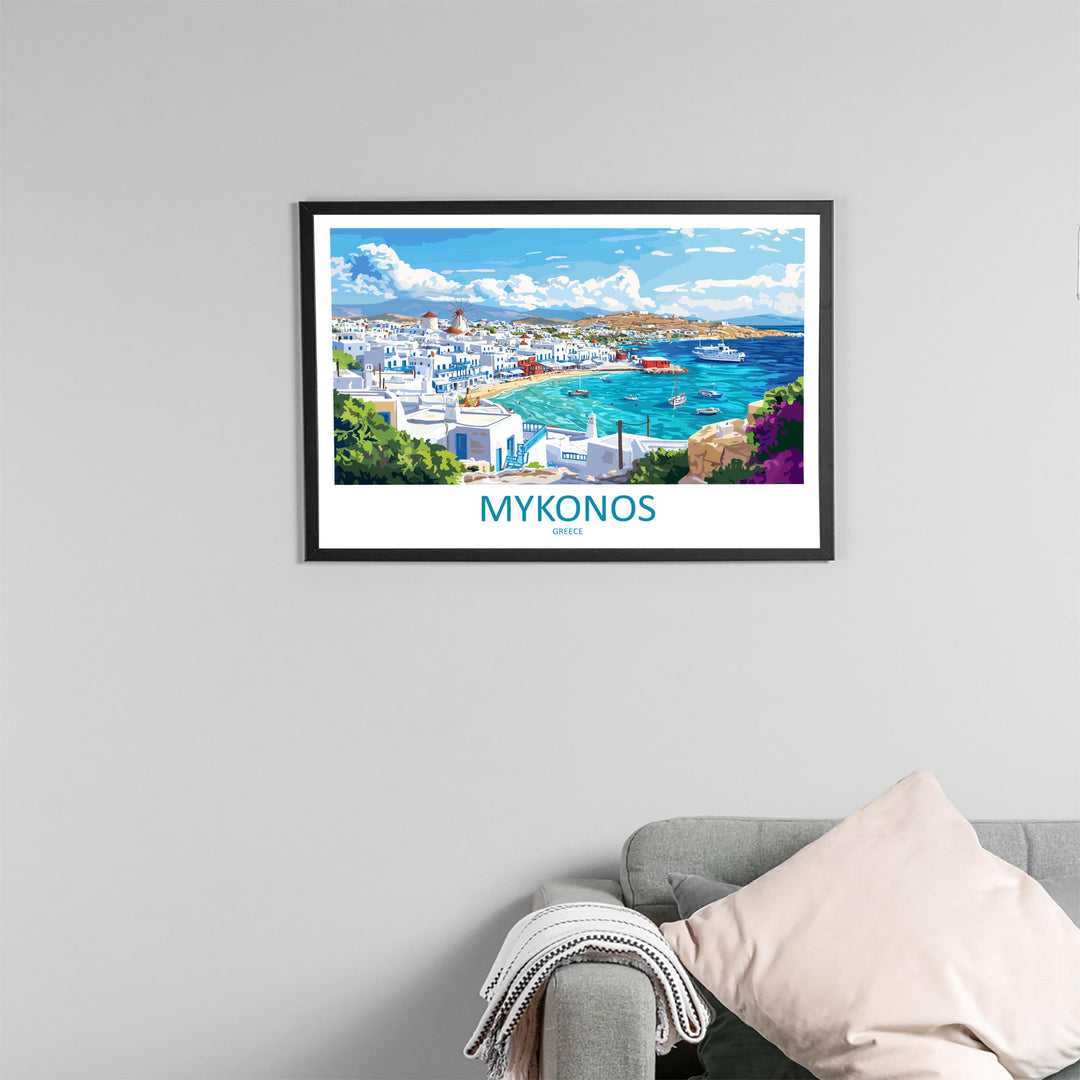 Mykonos Greece Landscape Travel Poster Scenic Island Coastline Wall Art Whitewashed Houses Print Europe Decor Beautiful Mykonos Artwork