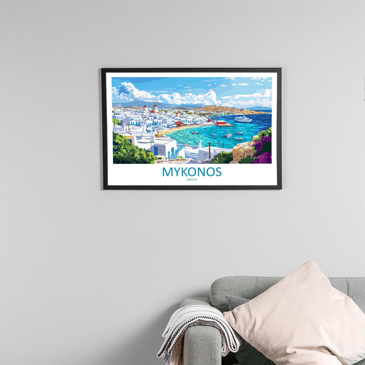 Mykonos Greece Landscape Travel Poster Scenic Island Coastline Wall Art Whitewashed Houses Print Europe Decor Beautiful Mykonos Artwork