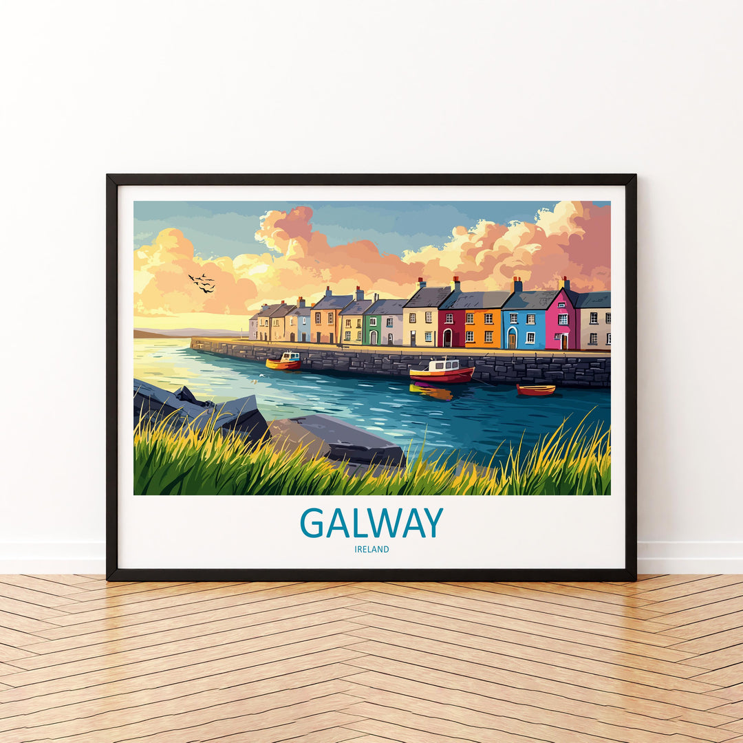Galway Ireland Landscape Travel Poster Scenic Harbour City Coastline Wall Art Colorful Streets Print Europe Decor Beautiful Galway Artwork