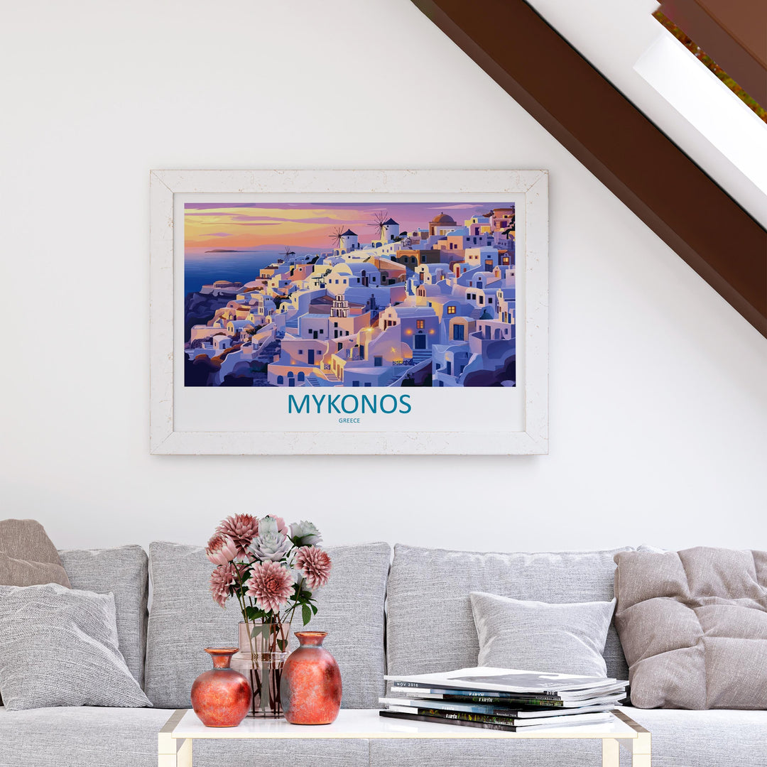 Mykonos Greece Landscape Travel Poster Scenic Island Coastline Wall Art Whitewashed Houses Print Europe Decor Beautiful Mykonos Artwork