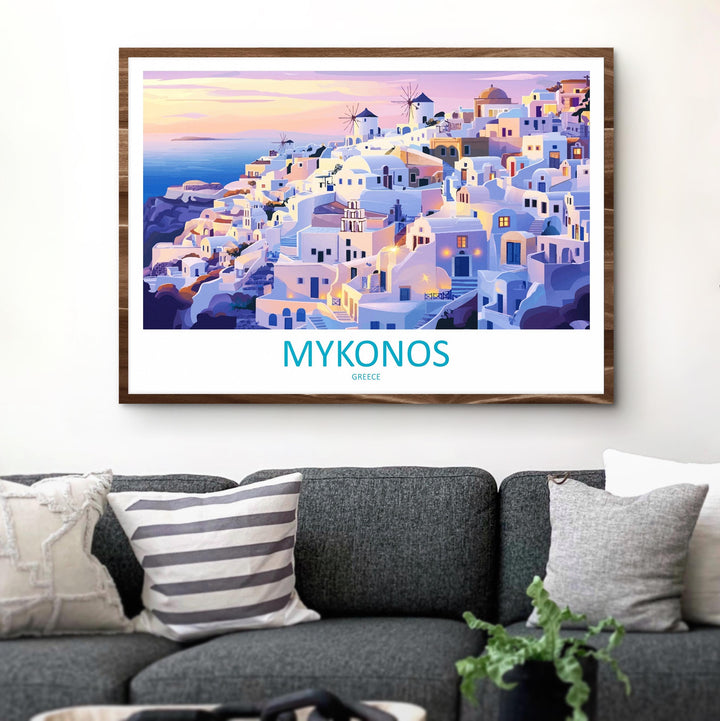 Mykonos Greece Landscape Travel Poster Scenic Island Coastline Wall Art Whitewashed Houses Print Europe Decor Beautiful Mykonos Artwork