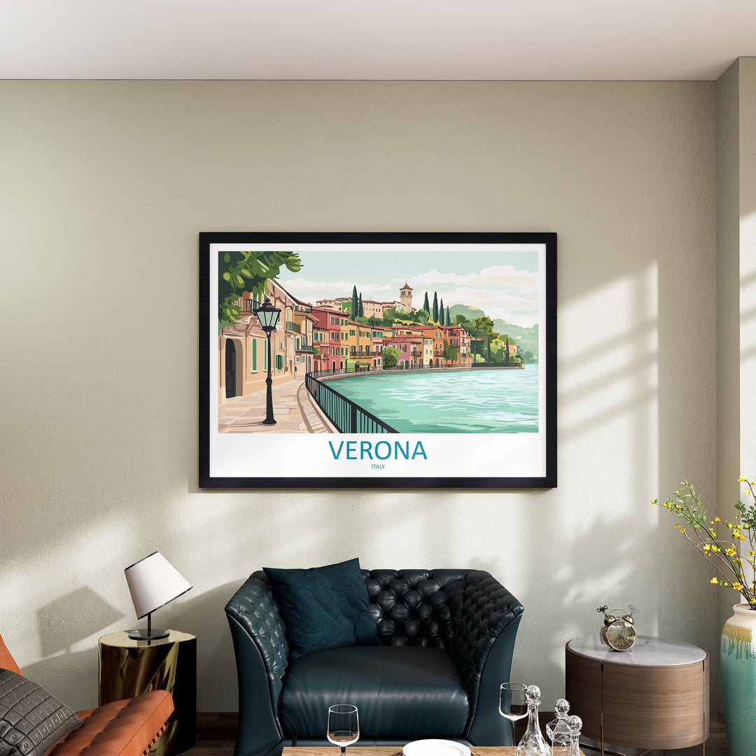Verona Italy Landscape Travel Poster Scenic Romantic City Wall Art Historic Bridges Print Europe Decor Beautiful Verona Italy Artwork