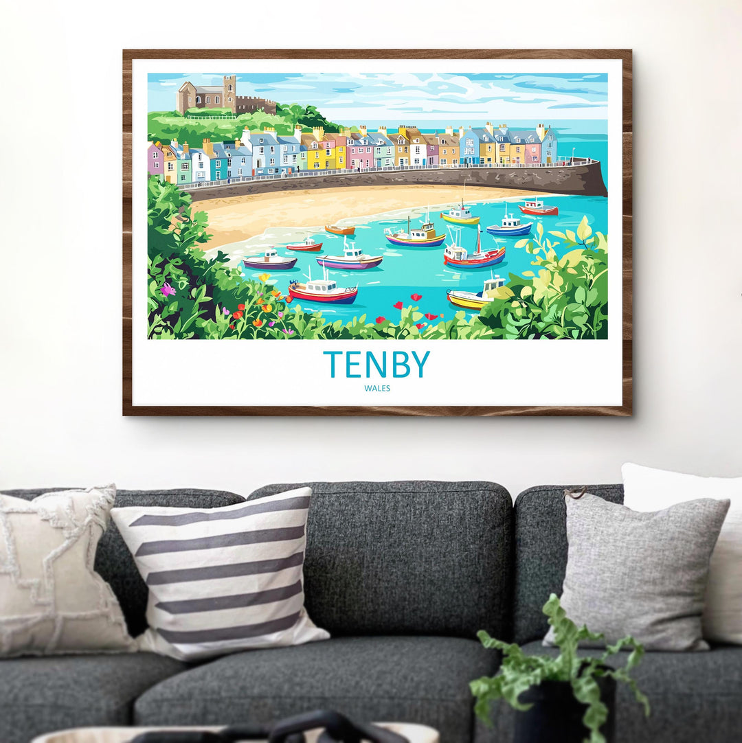 Tenby Wales Landscape Travel Poster Scenic Harbour Coastline Wall Art Colorful Seaside Print UK Decor Beautiful Tenby Artwork