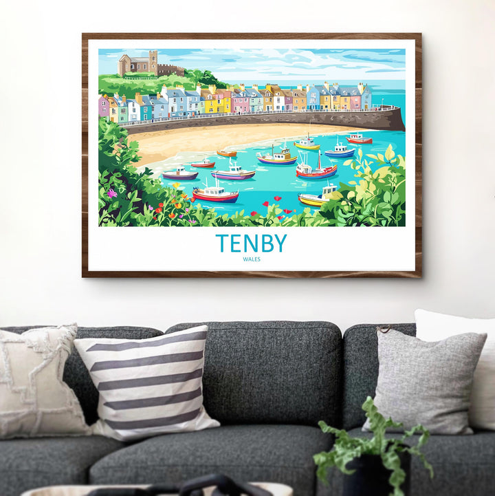 Tenby Wales Landscape Travel Poster Scenic Harbour Coastline Wall Art Colorful Seaside Print UK Decor Beautiful Tenby Artwork