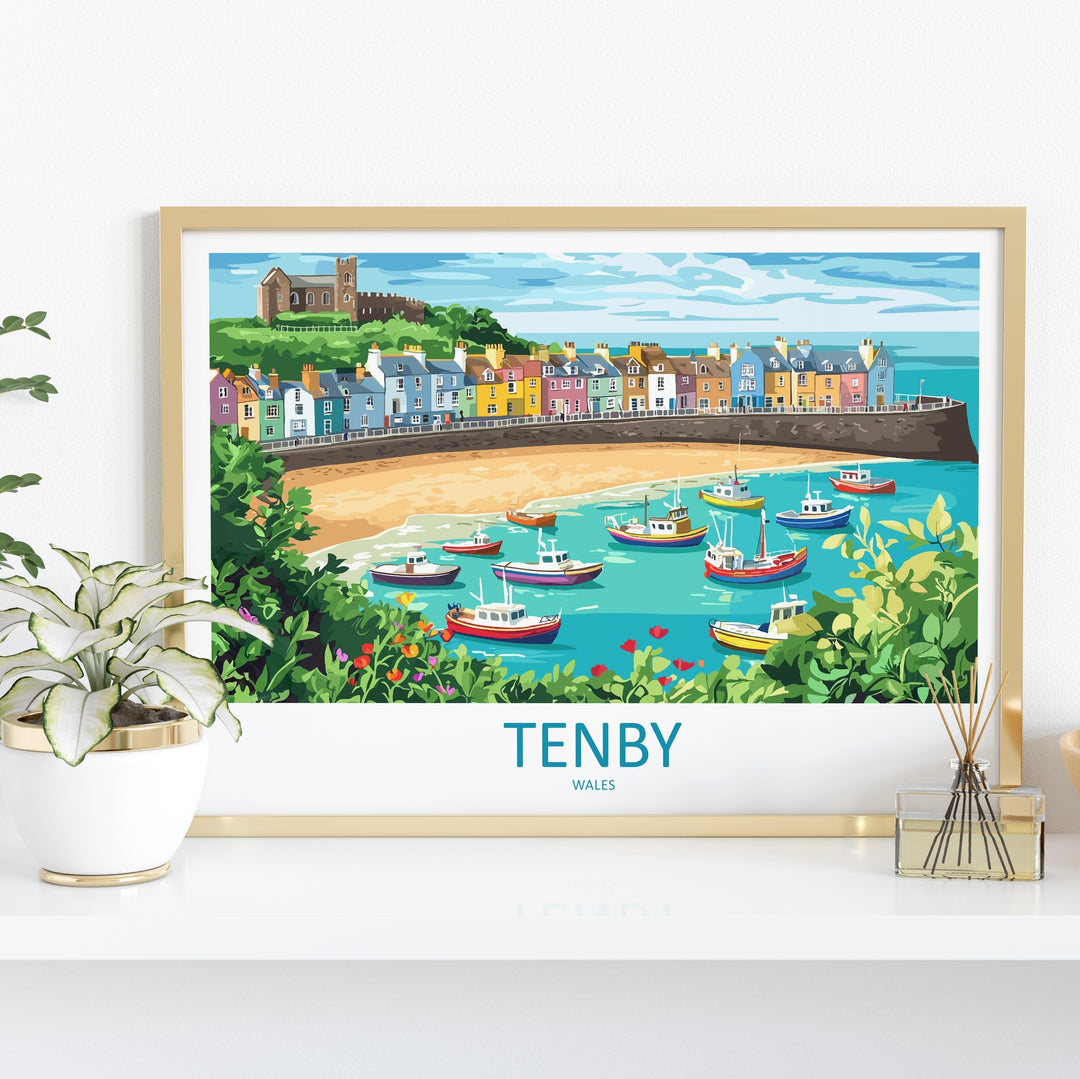 Tenby Wales Landscape Travel Poster Scenic Harbour Coastline Wall Art Colorful Seaside Print UK Decor Beautiful Tenby Artwork