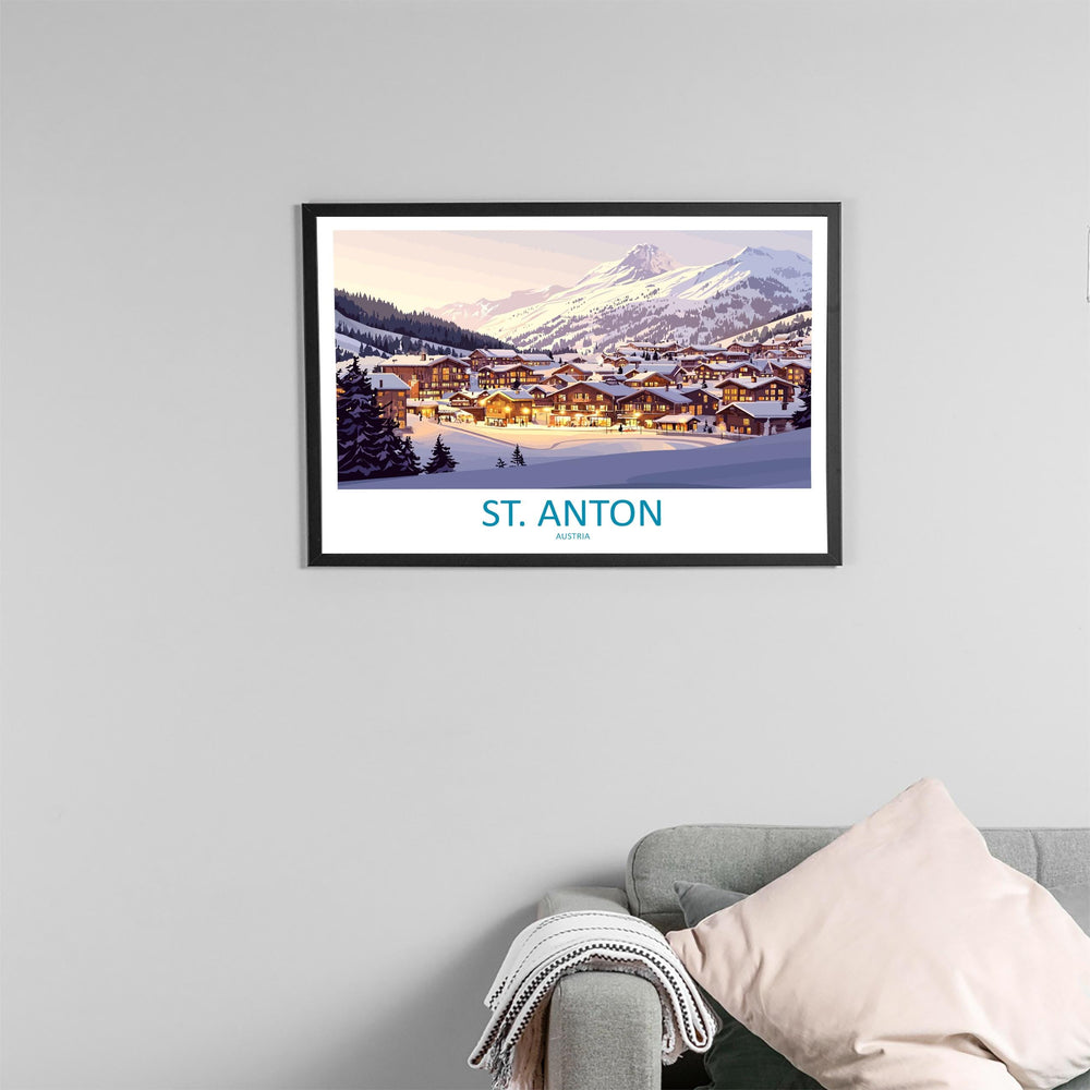 St Anton Austria Landscape Travel Poster Scenic Alpine Ski Resort Wall Art Snowy Mountains Print Europe Decor Beautiful St Anton Artwork