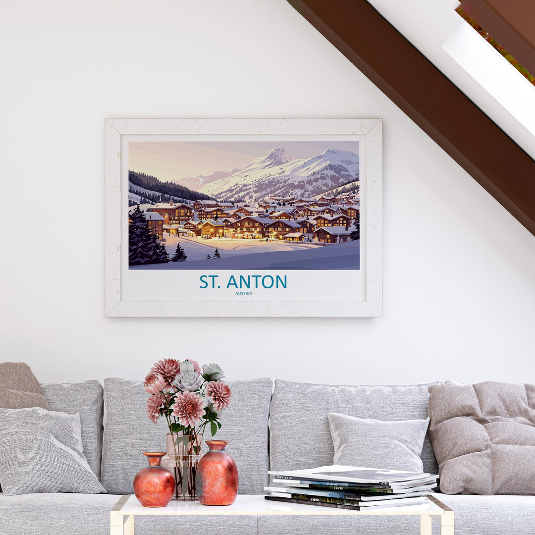 St Anton Austria Landscape Travel Poster Scenic Alpine Ski Resort Wall Art Snowy Mountains Print Europe Decor Beautiful St Anton Artwork