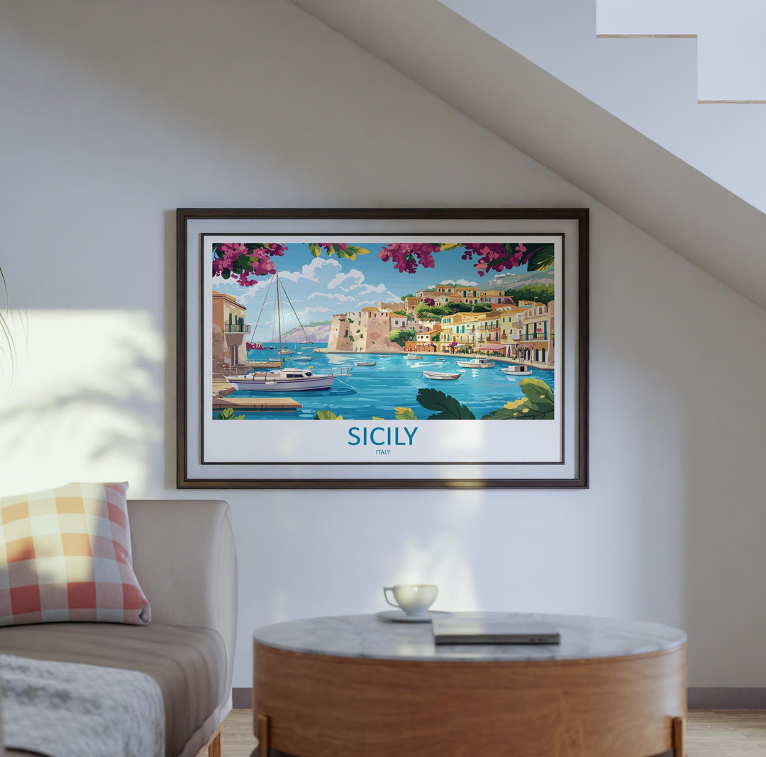 Sicily Italy Landscape Travel Poster Scenic Island Coastline Wall Art Mediterranean Towns Print Europe Decor Beautiful Sicily Artwork