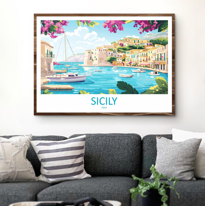 Sicily Italy Landscape Travel Poster Scenic Island Coastline Wall Art Mediterranean Towns Print Europe Decor Beautiful Sicily Artwork