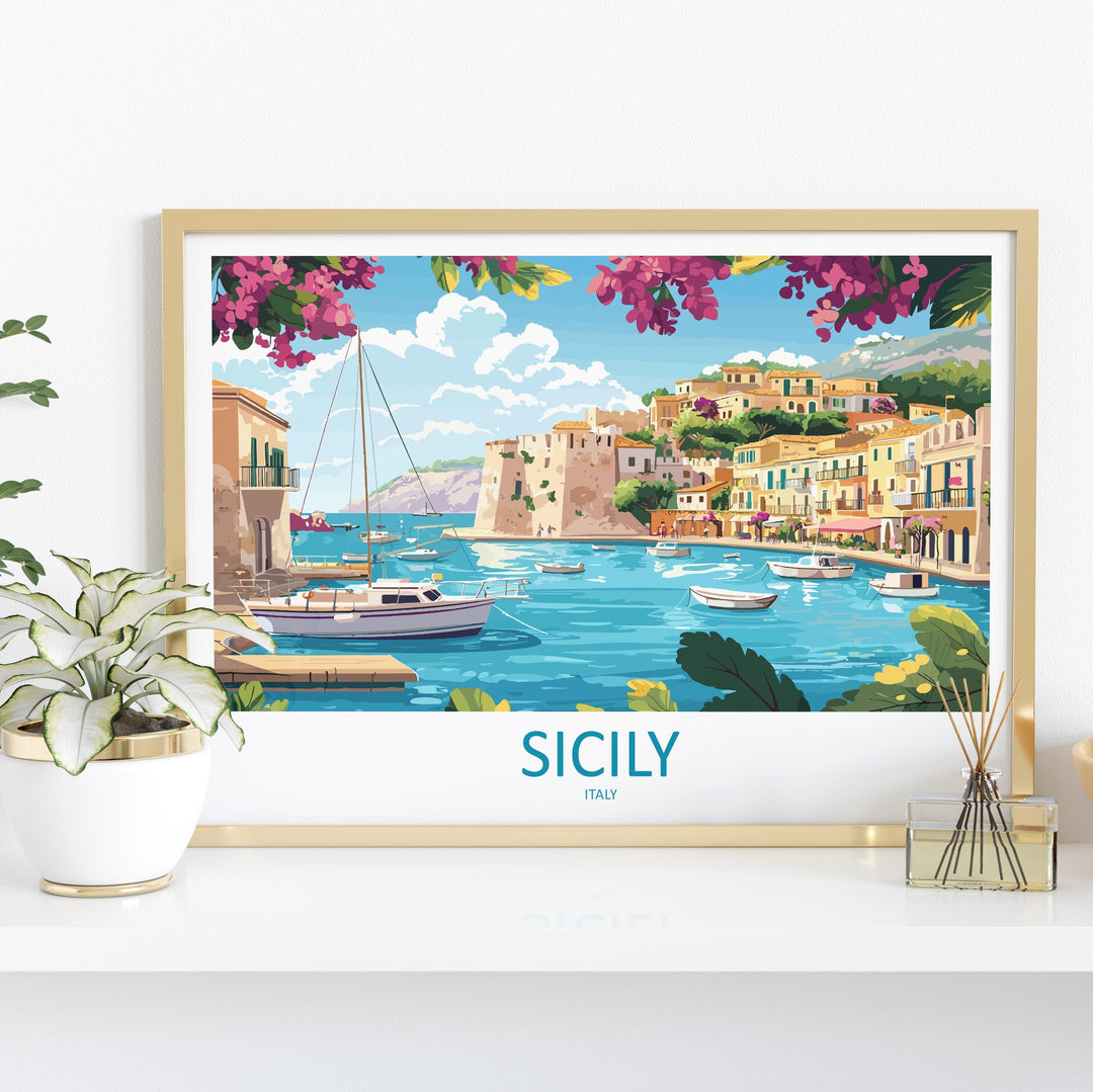 Sicily Italy Landscape Travel Poster Scenic Island Coastline Wall Art Mediterranean Towns Print Europe Decor Beautiful Sicily Artwork
