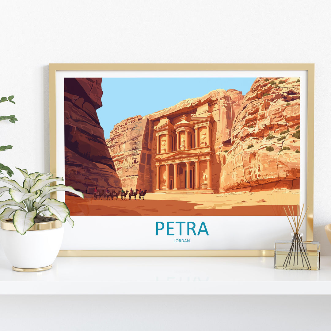 Petra Jordan Landscape Travel Poster Scenic Ancient City Wall Art Rose Red Carved Temples Print Middle East Decor Beautiful Petra Artwork