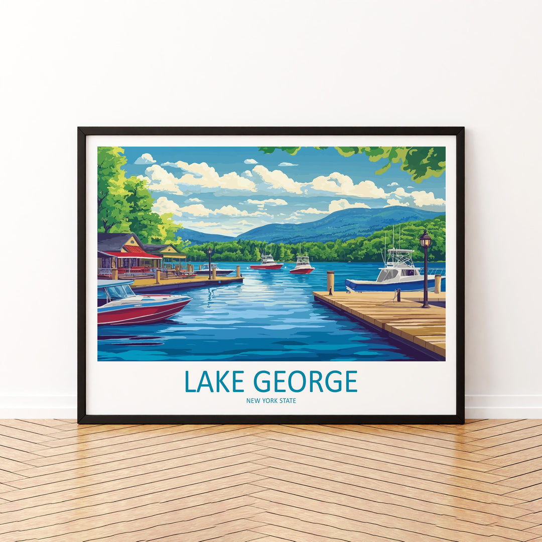 Lake George New York Landscape Travel Poster Scenic Adirondack Lake Wall Art Mountain Waterfront Print USA Decor Beautiful Lake George