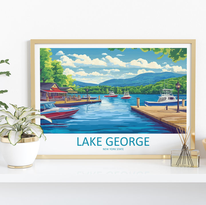 Lake George New York Landscape Travel Poster Scenic Adirondack Lake Wall Art Mountain Waterfront Print USA Decor Beautiful Lake George