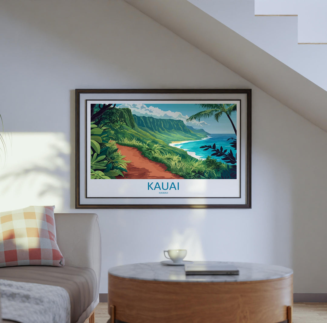 Kauai Hawaii Landscape Travel Poster Scenic Tropical Island Coastline Wall Art Na Pali Cliffs Print USA Decor Beautiful Kauai Artwork