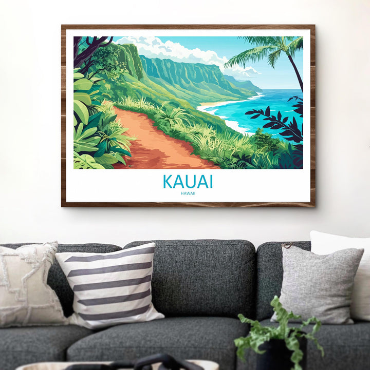 Kauai Hawaii Landscape Travel Poster Scenic Tropical Island Coastline Wall Art Na Pali Cliffs Print USA Decor Beautiful Kauai Artwork