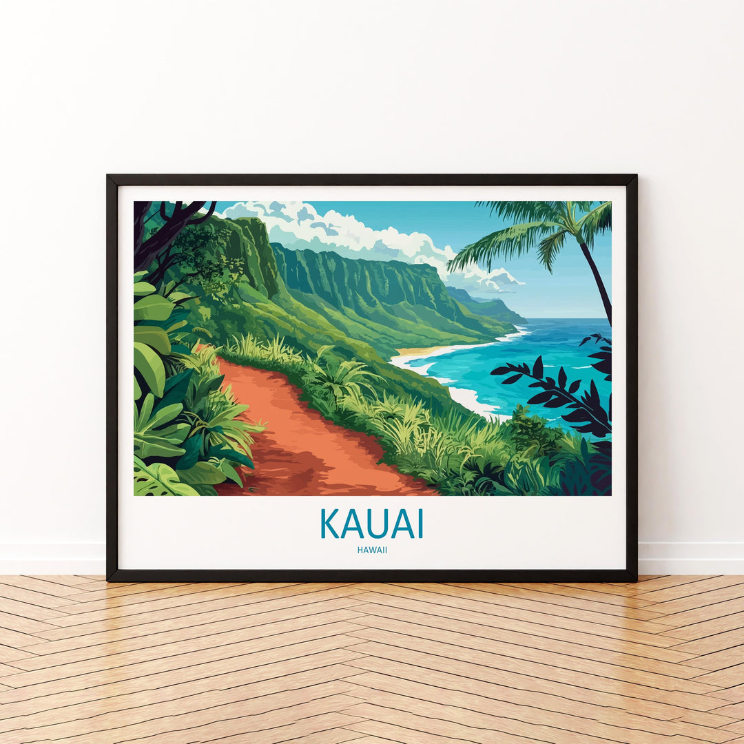 Kauai Hawaii Landscape Travel Poster Scenic Tropical Island Coastline Wall Art Na Pali Cliffs Print USA Decor Beautiful Kauai Artwork