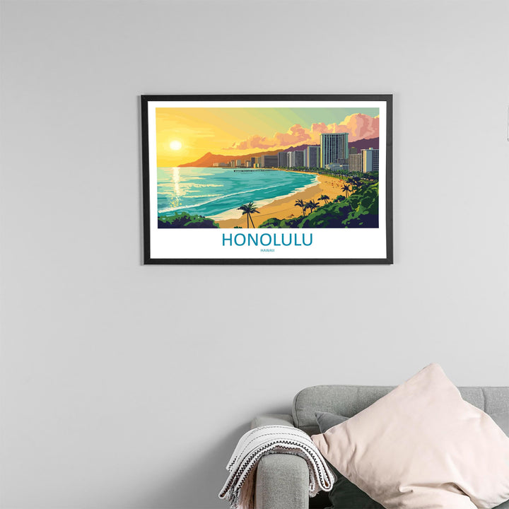 Honolulu Hawaii Landscape Travel Poster Scenic Tropical City Coastline Wall Art Diamond Head Print USA Decor Beautiful Honolulu Artwork
