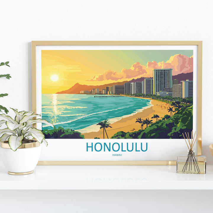Honolulu Hawaii Landscape Travel Poster Scenic Tropical City Coastline Wall Art Diamond Head Print USA Decor Beautiful Honolulu Artwork