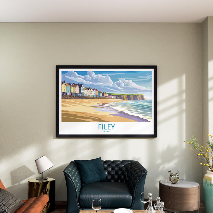 Filey England Landscape Travel Poster Scenic Yorkshire Coastline Wall Art Seaside Town Print UK Decor Beautiful Filey Artwork